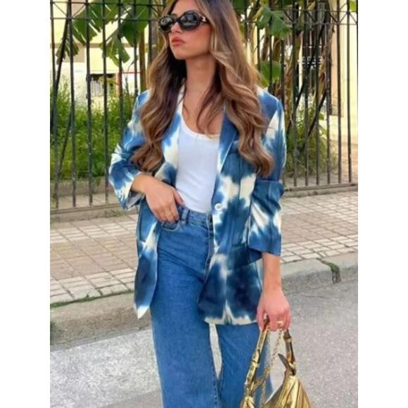 Zara Oversized Satin Effect Blue & Beige Watercolor Tie Die Blazer Jacket Small - Picture 1 of 11
